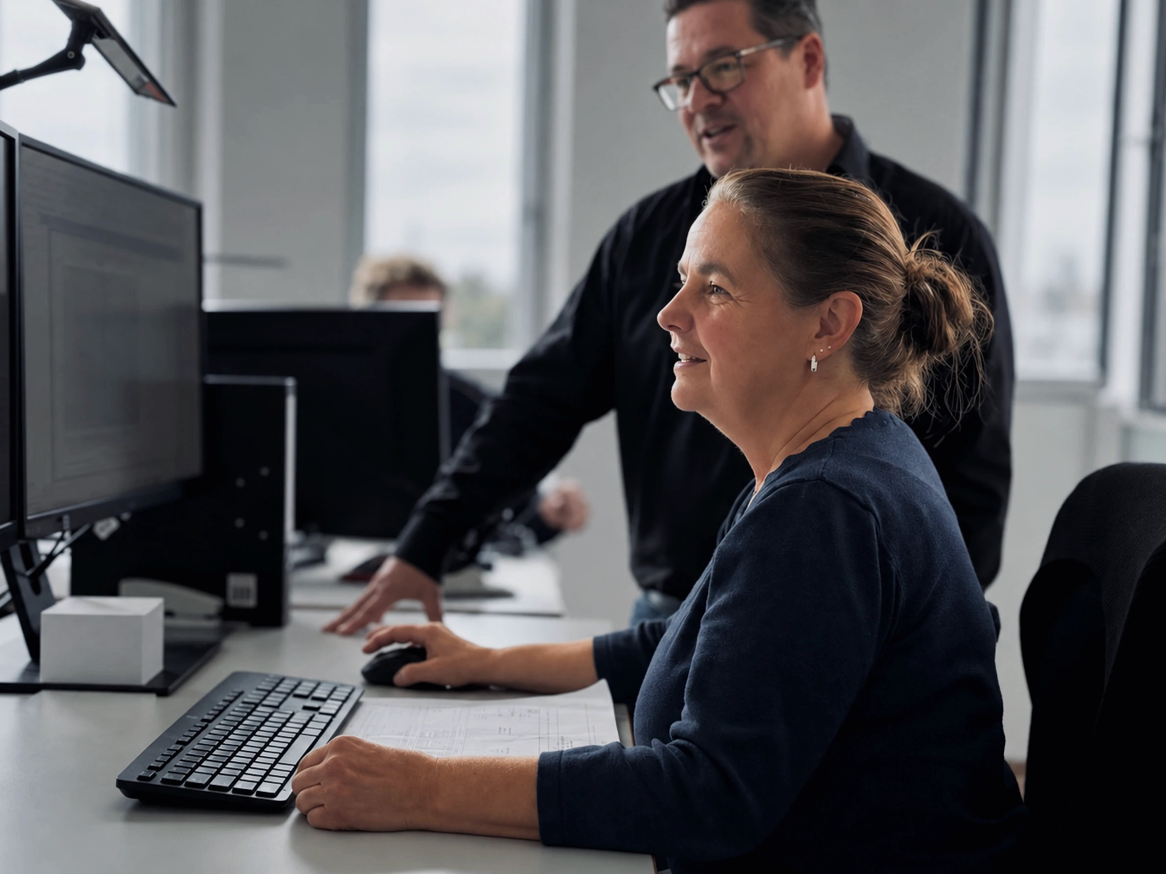 Ingenieurin von Warnow Design am Arbeitsplatz mit zwei Monitoren, ein Kollege schaut mit
