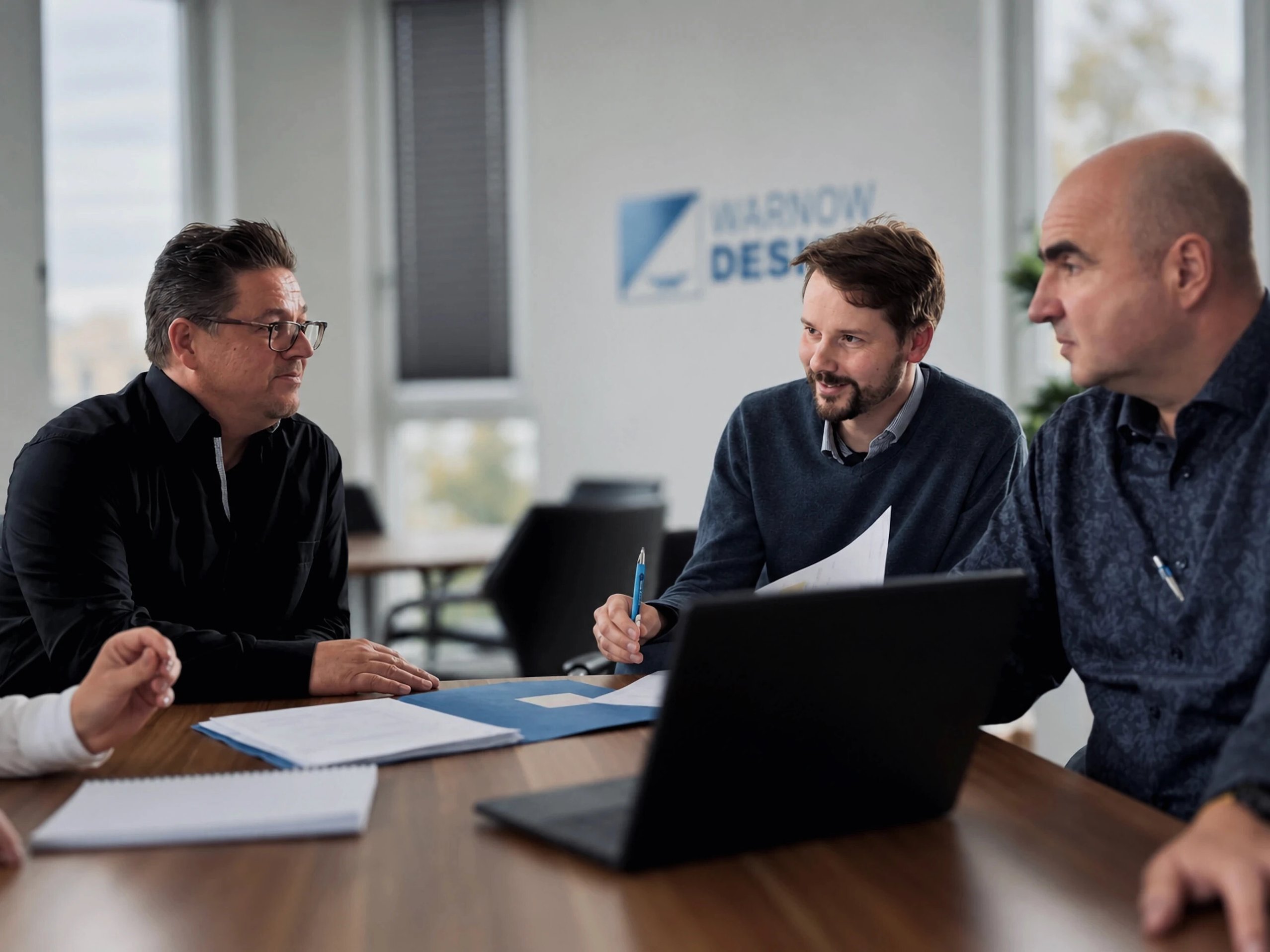 Warnow Design engineers in discussion at the meeting table in front of the company logo