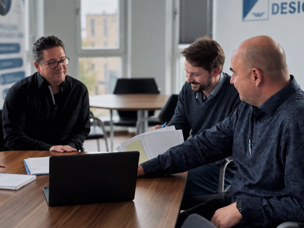 Drei Mitarbeiter von Warnow Design besprechen Unterlagen am Besprechungstisch
