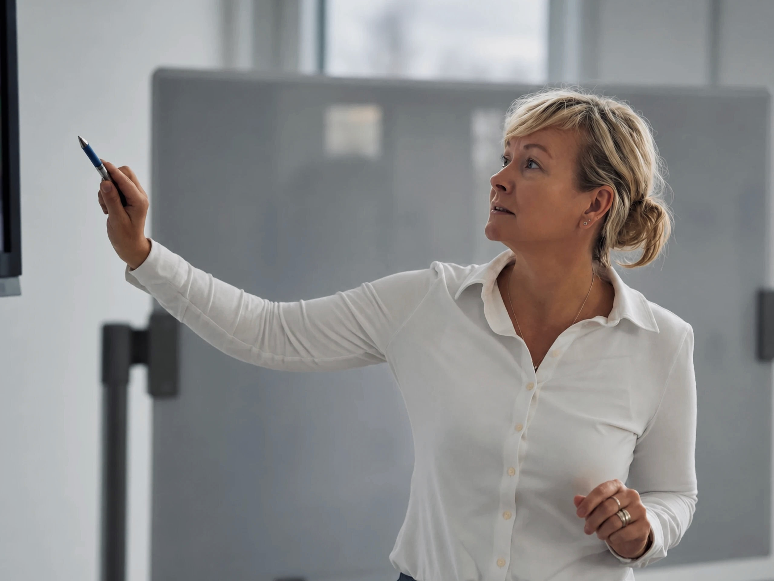 Warnow Design team member pointing with a pen at a screen in the meeting room