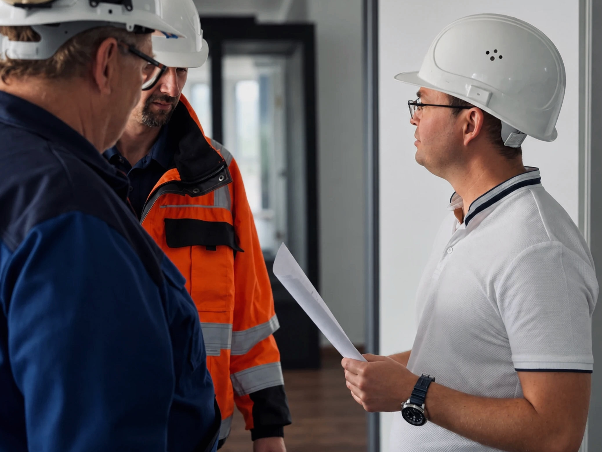 Warnow Design engineers in hard hats and a high-visibility jacket discussing documents