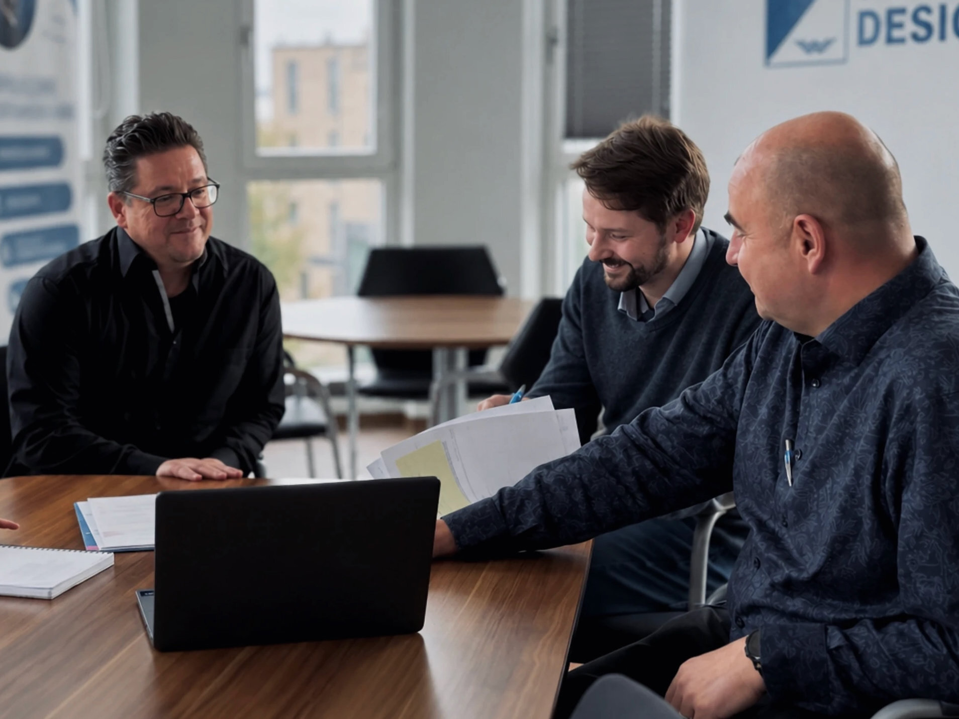 Drei Mitarbeiter von Warnow Design besprechen Unterlagen am Besprechungstisch